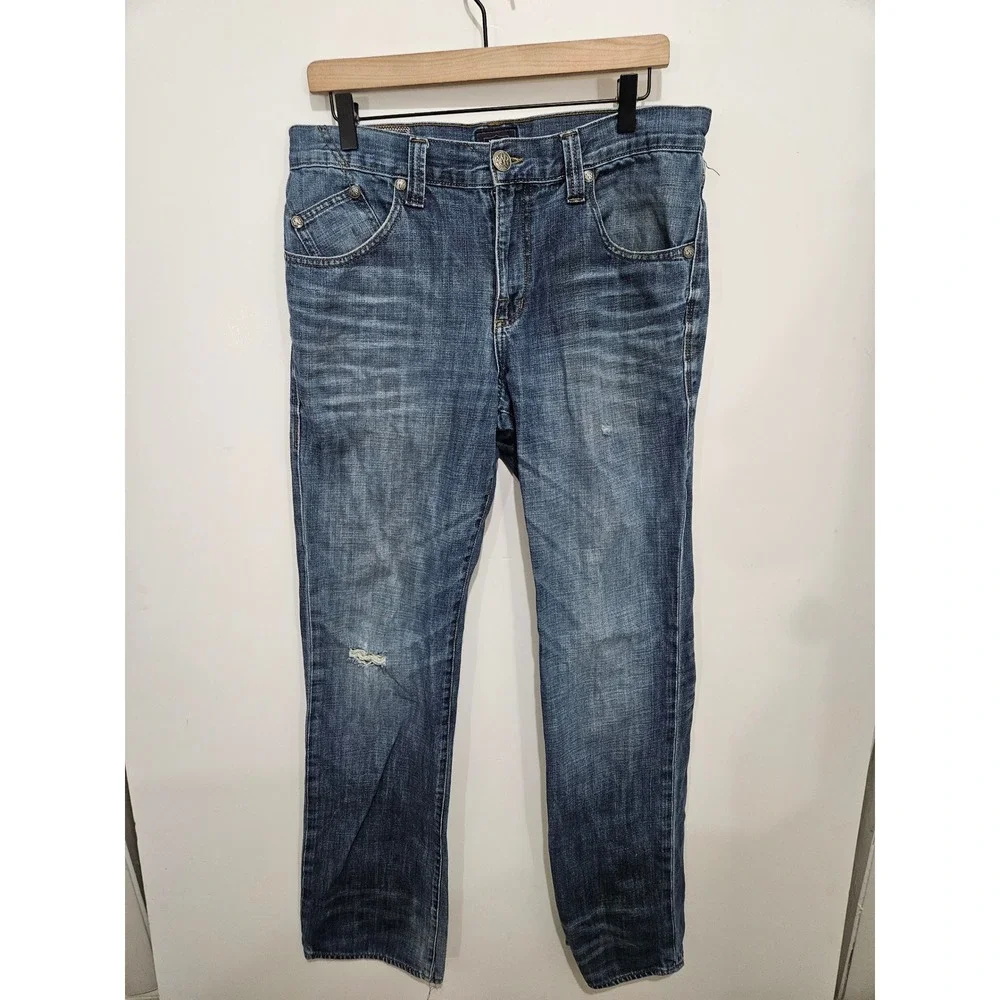 Rock & Republic Mens Straight Leg Jeans Medium Wash Distressed Blue 34x34